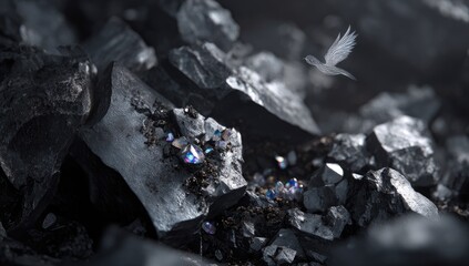 Dark rocks, glittering gems, ethereal bird flight