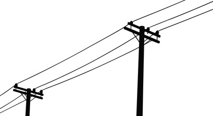 Silhouette of two electrical utility poles with multiple power lines against a white background, energy transmission infrastructure, modern electrical cables, minimalist vector art, 