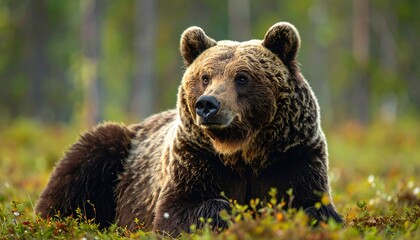 Fototapeta premium A large brown bear rests serenely in a lush, natural setting, showcasing the rich colors of a forest floor.