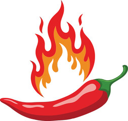 Hot red chili pepper with fire flames - spicy food icon vector