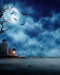 Spooky graveyard with glowing lantern under full moon and flying bats