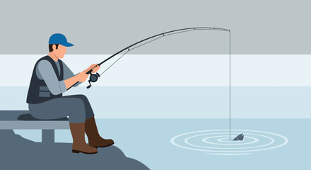 An illustration of a man fishing enjoying leisure time in a relaxing outdoor activity