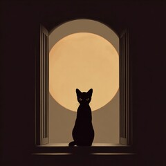 Black cat silhouette sitting in window with glowing full moon behind