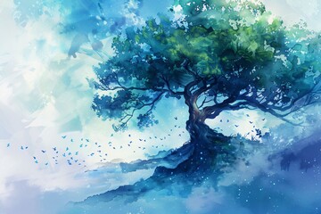 Nature, arbre et verdure, illustration style aquarelle en bleu et vert. 