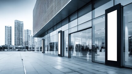 Obraz premium Modern Office Building Exterior with Glass Facade and Empty Advertising Mockups in a Business District
