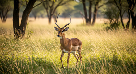 Fototapeta premium Impala Buck in Golden Savanna Grassland - Wildlife Portrait