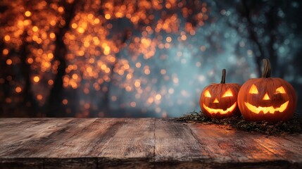 Two glowing jack o lanterns on rustic wooden table with blurred autumn lights