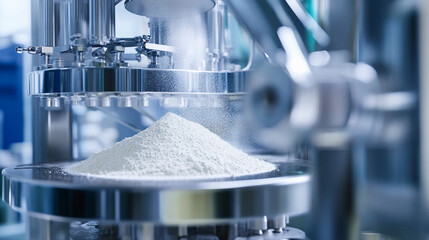 Close-up view of powder medicine mixing process in laboratory Generative AI