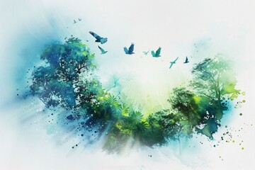 Nature, arbre et verdure, illustration style aquarelle en bleu et vert. 