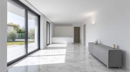 Fototapeta premium Bright Modern Interior with Marble Floors, Sliding Doors, and Minimalist Design in a Luxury Home