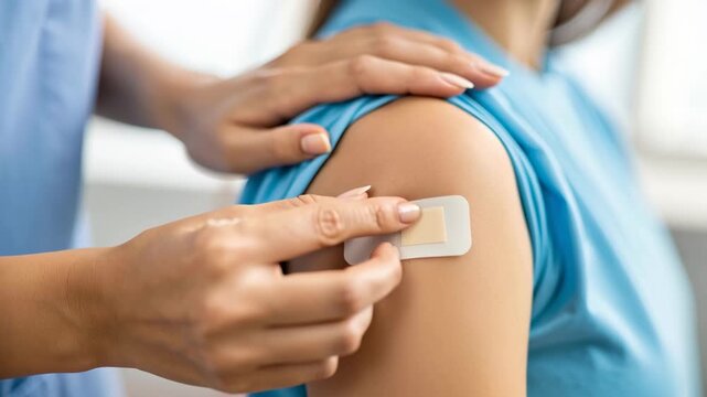 Wearable health monitoring system patch applied to upper arm for continuous patient wellness tracking and medical care in clinical setting