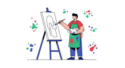 Artist creating an abstract artwork on a canvas with colorful paint splatters around
