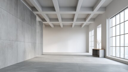 Obraz premium Modern Empty Loft Interior with Concrete Wall, Large Windows, and Minimalist Design for Creative Projects