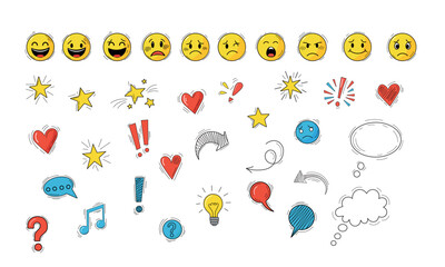 Colorful Hand Drawn Emoji Icons &ndash; Cute Doodle Faces, Symbols, and Expressions Clipart