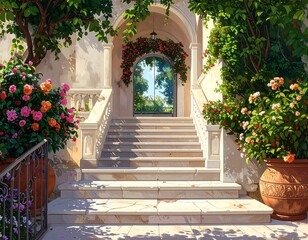 Elegant Entrance with Floral Archway and Stone Steps leading to Garden Vista