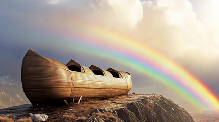 Noahs Ark rests on mountaintop beneath a vibrant rainbow Generative AI