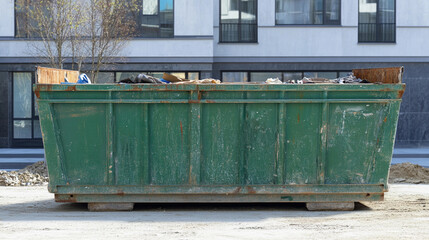 Empty green steel construction waste container in urban area Generative AI