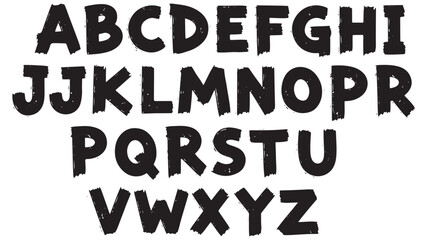 Grunge alphabet font with rough brush strokes and handwritten letters and numbers