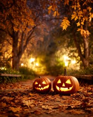 Two glowing jack o lanterns among autumn leaves on illuminated path