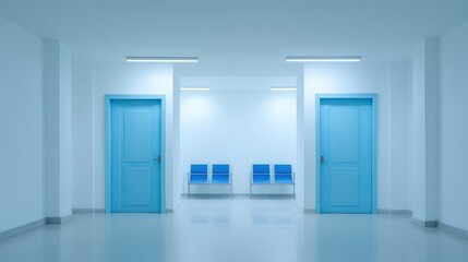 Empty Hospital Waiting Room with Blue Chairs and Doors, Clean Modern Interior Design