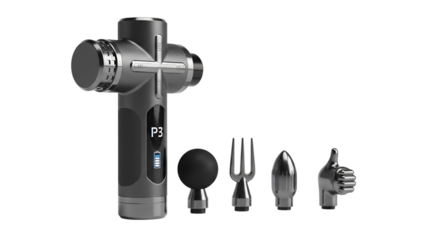 Percussion massage gun with multiple attachments isolated on transparent background