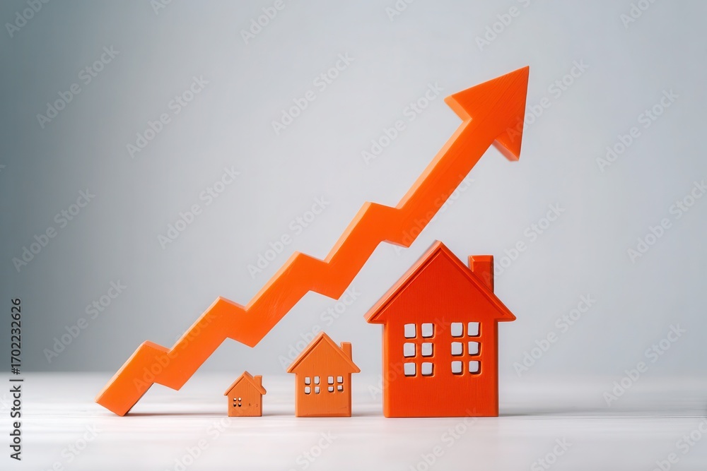 Poster orange arrow graphically representing rising property values beside three house models