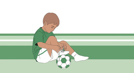 A Young Boy Tying His Shoelaces Next to a Soccer Ball Preparing for the Game