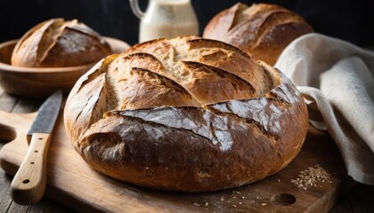 Artisan Bread Loaves on a Wooden Table With a Glass of Milk and Knife in a Cozy Kitchen Setting