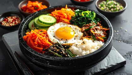 Vibrant Korean bibimbap bowl with various vegetables, rice, egg, and meat, showcasing a colorful and flavorful Asian cuisine dish.