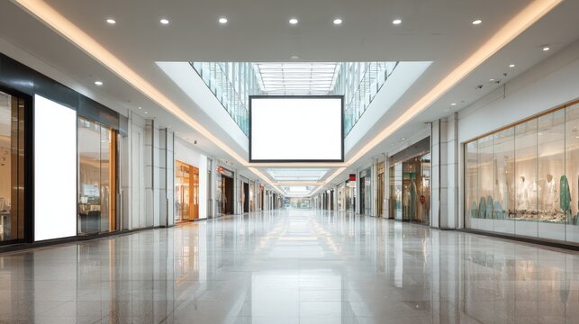 Modern Shopping Mall Interior with Blank Billboard and Storefronts, Perfect for Advertising Mockups and Commercial Use - Powered by Adobe