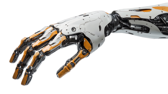 High-resolution close up of futuristic robotic hand with visible gears and parts on transparent background for science and tech presentations