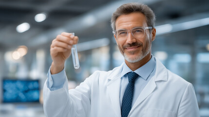 Rocket Fuel Innovation: A chemist analyzing fuel samples in a lab with a test tube a computer and a cleanroom with rocket diagrams. high quality photo ultra high detail 8K res