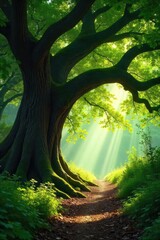 Majestic ancient oak tree arching over a sun-dappled forest path, creating a natural tunnel of leaves and light Perfect for nature, fantasy, and fairytale themes , leaves, magical, environment