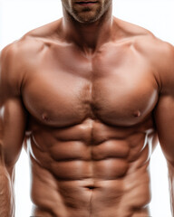Fototapeta premium Front view of muscular male torso with defined chest, abs and arms