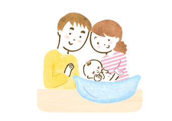 赤ちゃんを沐浴させている夫婦の手描きイラスト