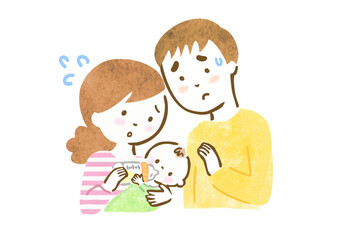 赤ちゃんの授乳がうまくいかずに焦っている夫婦の手描きイラスト