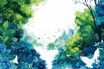 Nature, arbre et verdure, illustration style aquarelle en bleu et vert. 