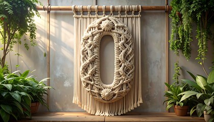 A large, cream-colored macrame wall hanging in the shape of the number zero is displayed against a muted, light gray wall, surrounded by lush greenery and natural light.