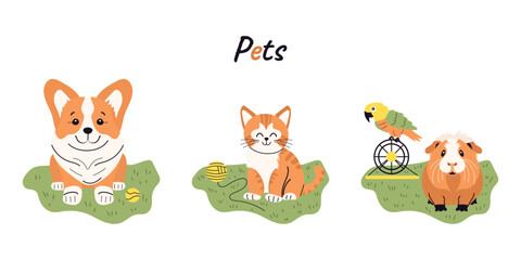 Naklejka premium A set of cute hand-drawn flat-style pets. A funny guinea pig, a parrot, a kitten, and a puppy. Vector design.