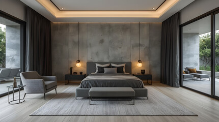 Modern luxury bedroom with concrete accent wall, large windows, and elegant grey furnishings, offering a serene and spacious living experience.
