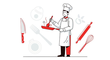 Fototapeta premium Chef cooking food illustration with kitchen utensils and equipment in line art style