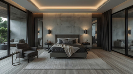 A luxurious and modern bedroom featuring a large bed, concrete accent wall, elegant lighting, and expansive glass doors opening to an outdoor patio.