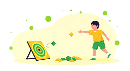 Boy Playing Bean Bag Toss In A Vibrant And Playful Outdoor Cartoon