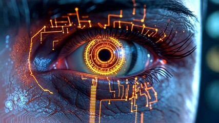 Closeup Futuristic Human Eye with Digital Circuit Overlay and Glowing Technology Interface - Powered by Adobe
