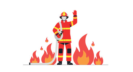 Fototapeta premium Brave Firefighter Heroically Extinguishing Flames with Water Hose in a Dangerous Blaze