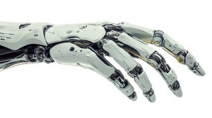 Futuristic robotic hand art with cyberpunk influences highlighting advanced technology and industrial design elements on transparent background