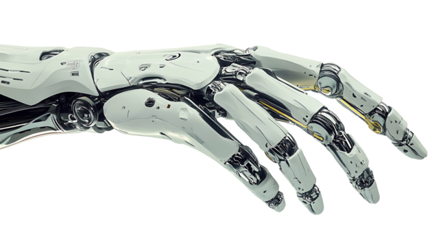 Futuristic robotic hand art with cyberpunk influences highlighting advanced technology and industrial design elements on transparent background
