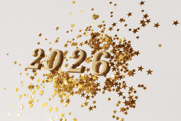 2026 Happy New Year golden glittering numbers top view.