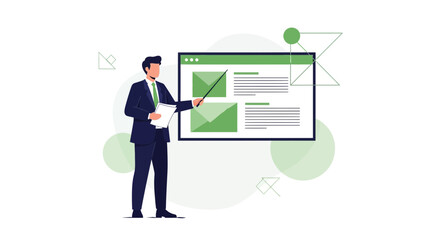 Business Presentation: A Professional Man Shows Data, Displaying Information In Green Tones