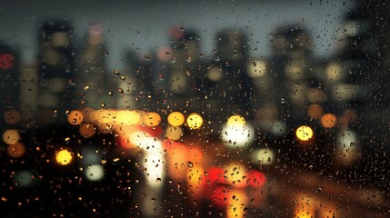 Obraz premium Raindrops on Glass with Blurry City Lights in the Background